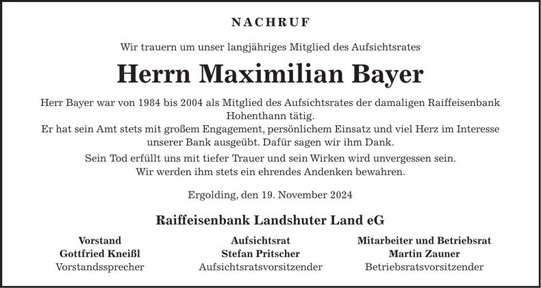 Traueranzeige Maximilian Bayer Maximilian Bayer