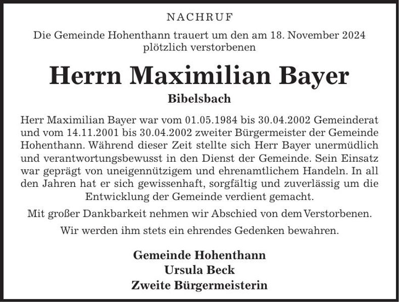 Traueranzeige Maximilian Bayer