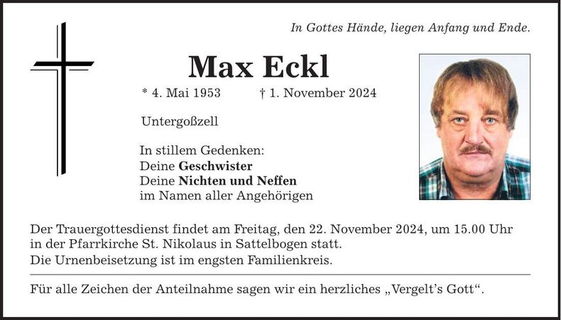 Traueranzeige Max Eckl