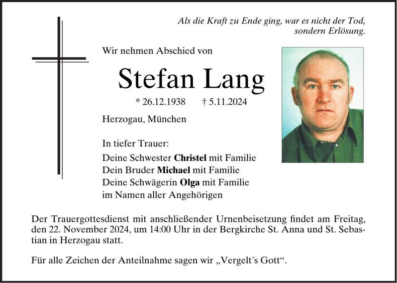 Traueranzeige Stefan Lang