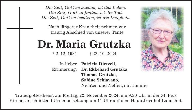 Traueranzeige Maria Dr. Grutzka