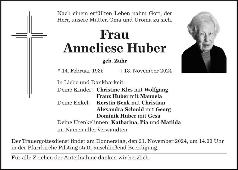 Traueranzeige Anneliese Huber