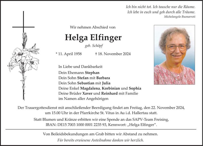 Traueranzeige Helga Elfinger