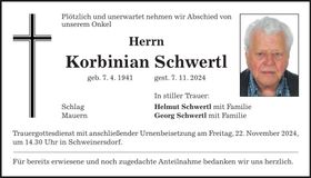 Traueranzeige Korbinian Schwertl