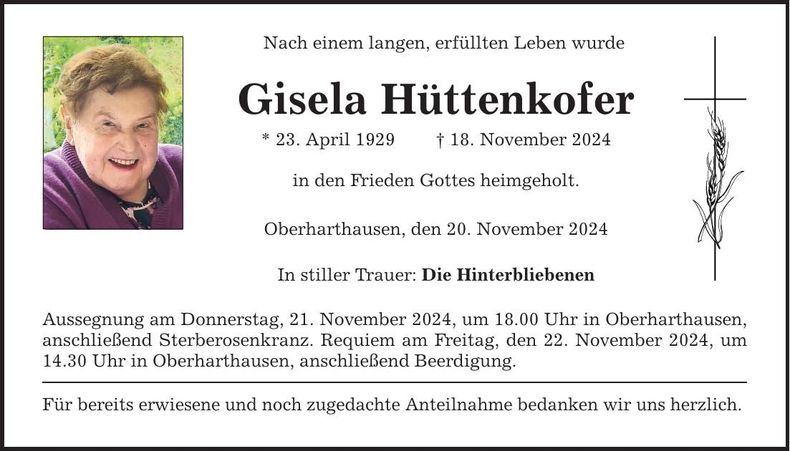 Traueranzeige Gisela Hüttenkofer