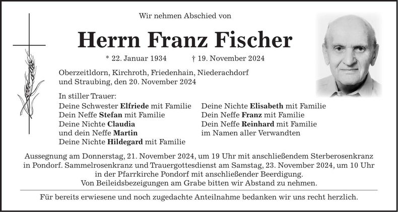 Traueranzeige Franz Fischer