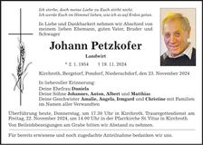 Traueranzeige Johann Petzkofer