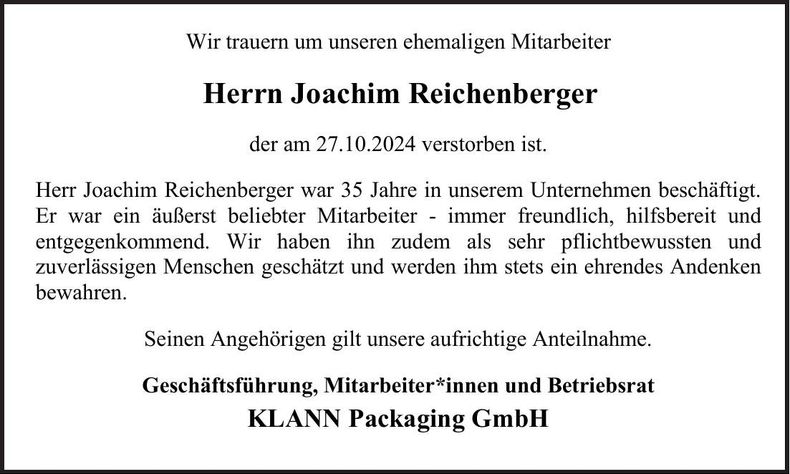 Traueranzeige Joachim Joachim Reichenberger