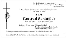 Traueranzeige Gertrud Schindler
