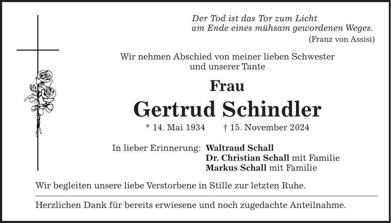 Traueranzeige Gertrud Schindler