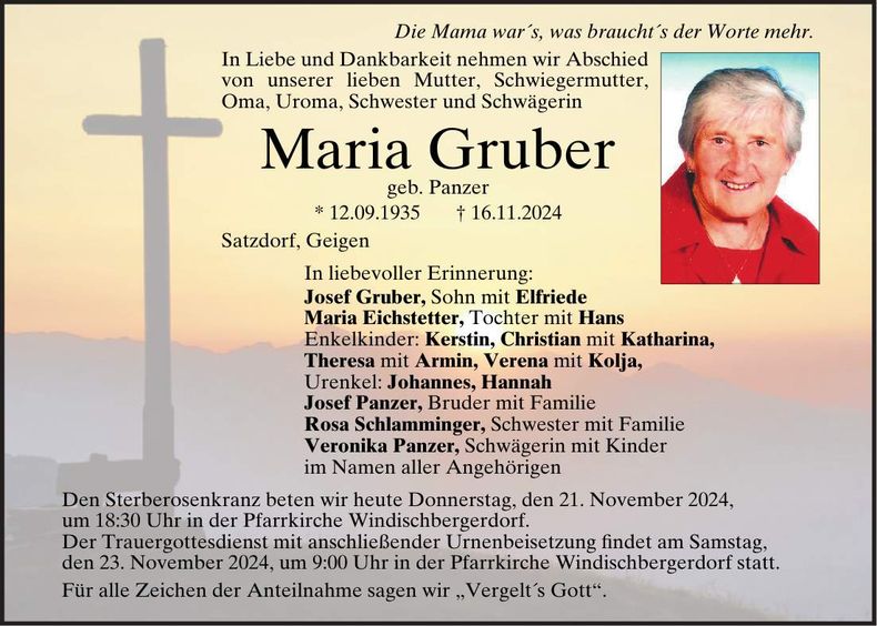 Traueranzeige Maria Gruber