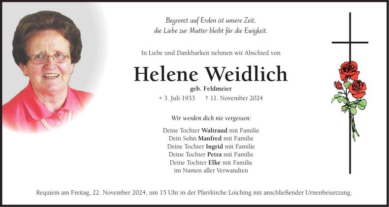 Traueranzeige Helene Weidlich