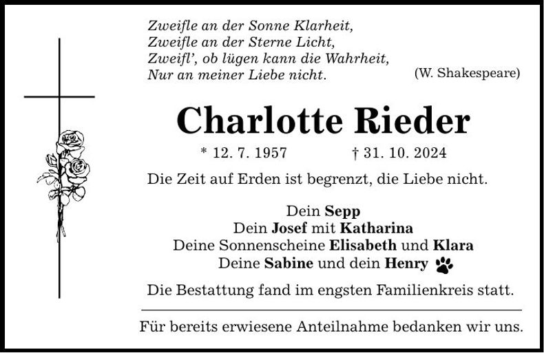 Traueranzeige Charlotte Rieder