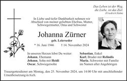 Traueranzeige Johanna Zürner