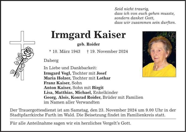Traueranzeige Irmgard Kaiser