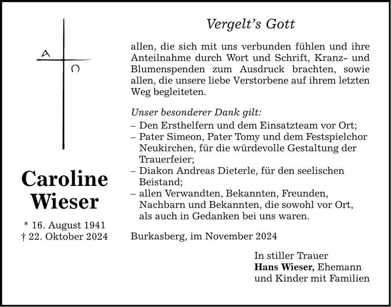 Traueranzeige Caroline Wieser