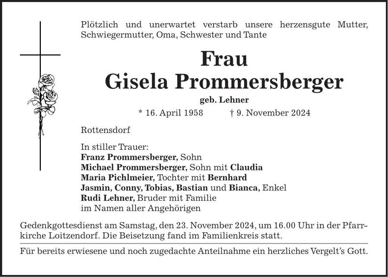 Traueranzeige Gisela Prommersberger