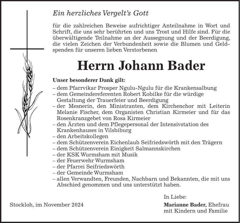 Traueranzeige Johann Bader