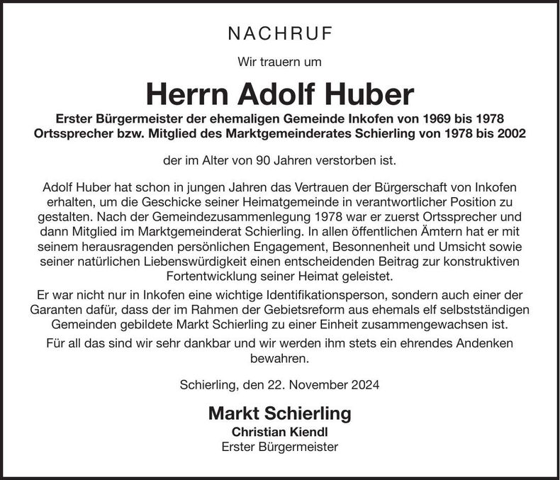 Traueranzeige Adolf Huber