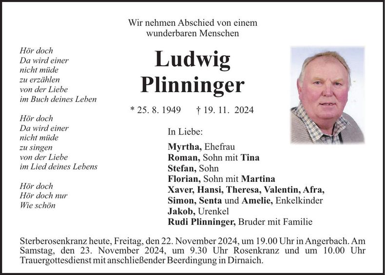 Traueranzeige Ludwig Plinninger