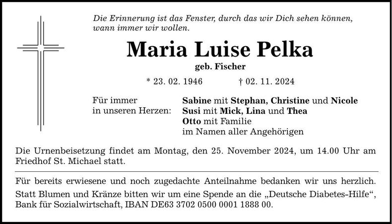 Traueranzeige Maria Luise Pelka