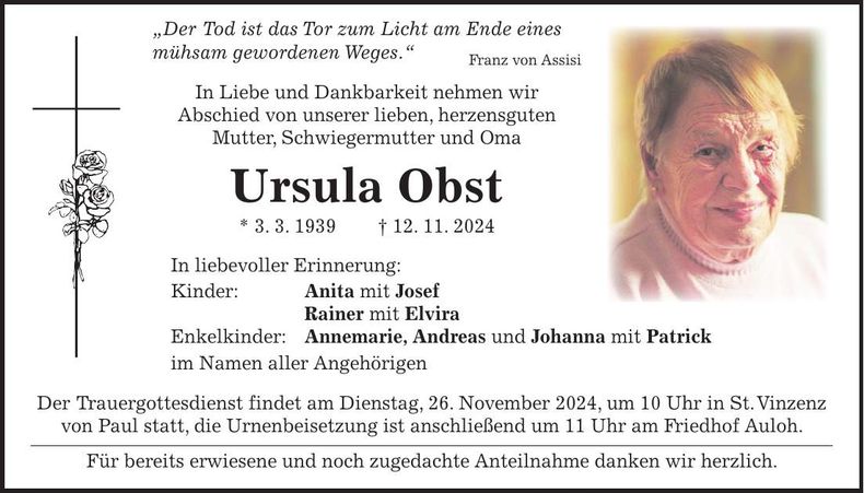 Traueranzeige Ursula Obst