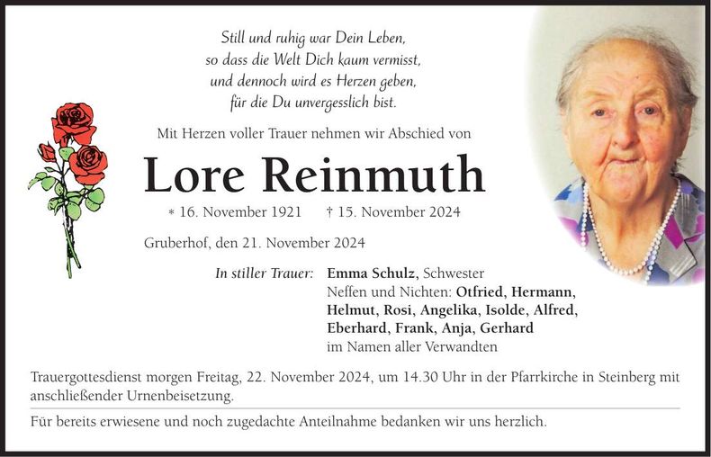 Traueranzeige Lore Reinmuth