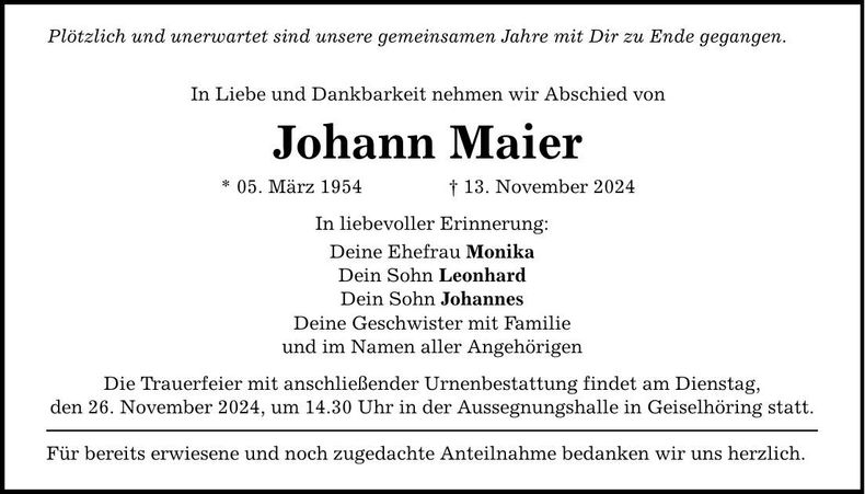 Traueranzeige Johann Maier