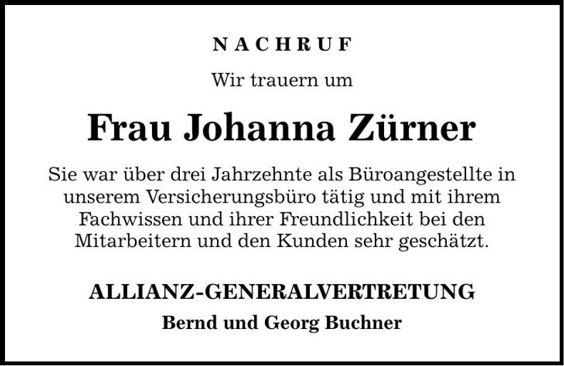 Traueranzeige Johanna Zürner