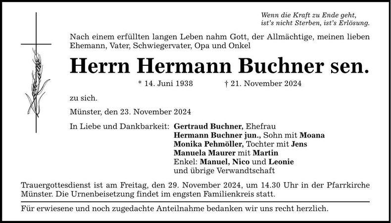 Traueranzeige Hermann sen. Buchner