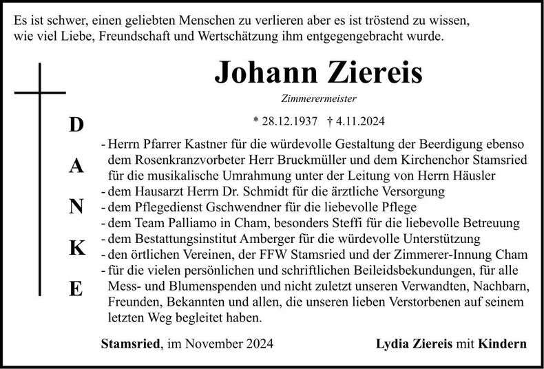 Traueranzeige Johann Ziereis