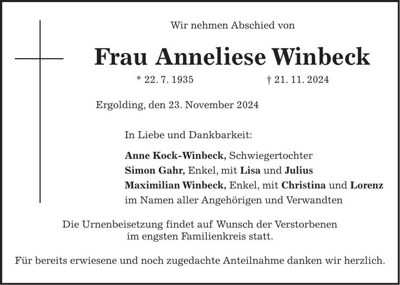 Traueranzeige Anneliese Winbeck