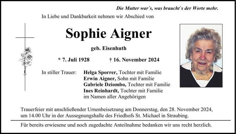 Traueranzeige Sophie Aigner