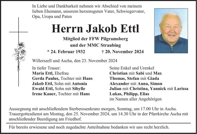 Traueranzeige Jakob Ettl