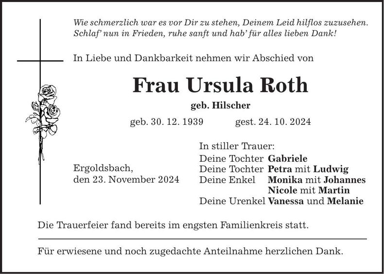 Traueranzeige Ursula Roth