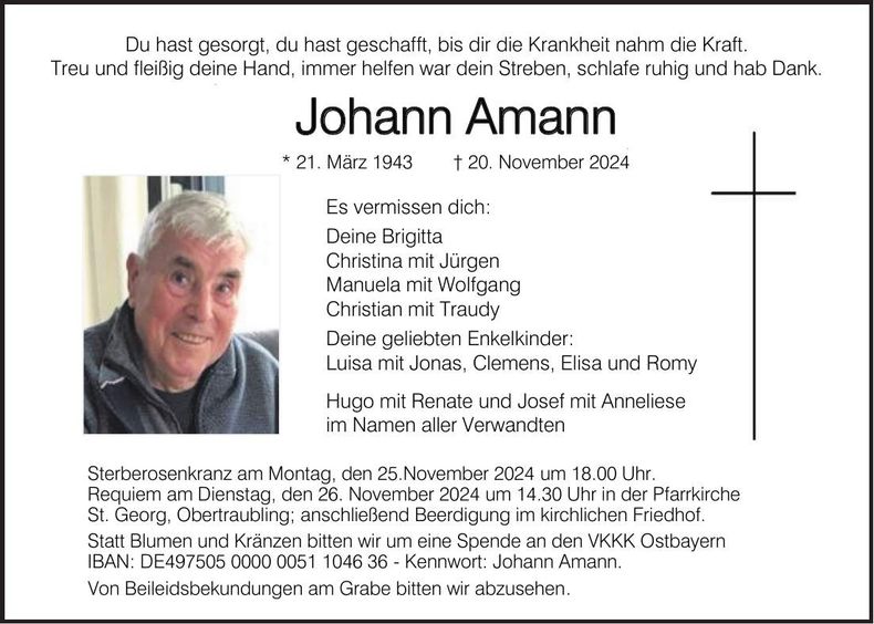 Traueranzeige Johann Amann