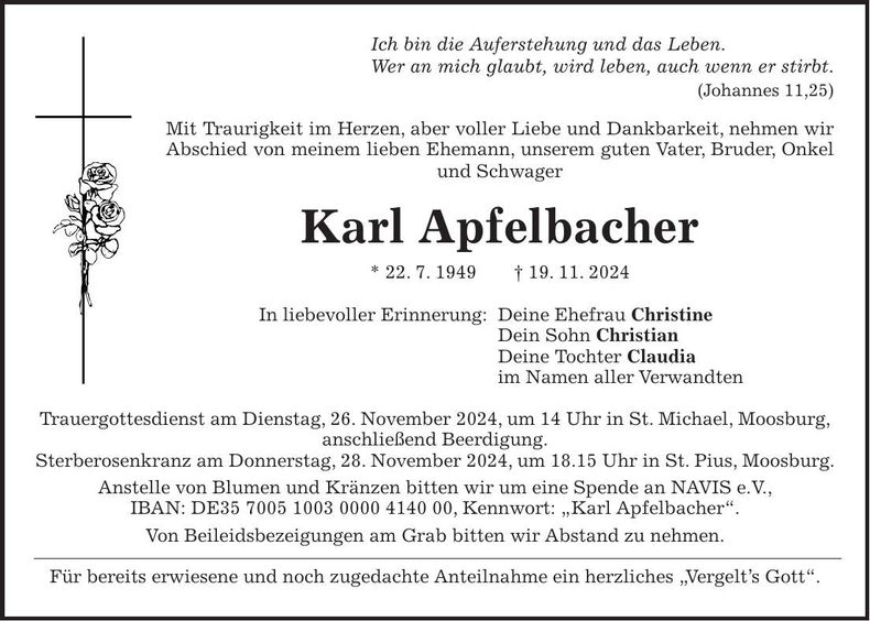 Traueranzeige Karl Apfelbacher