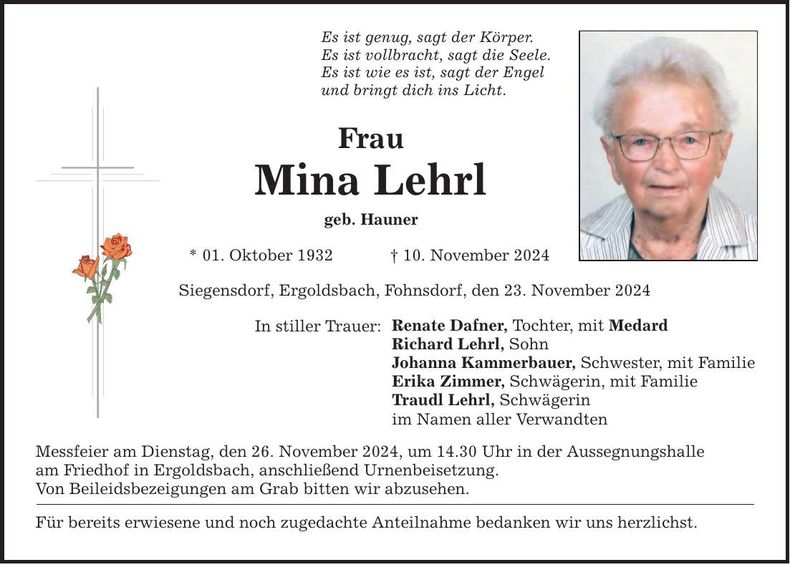 Traueranzeige Mina Lehrl