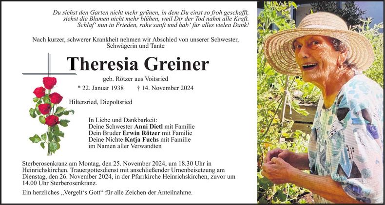 Traueranzeige Theresia Greiner