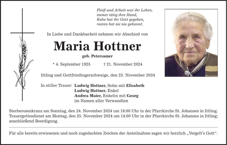 Traueranzeige Maria Hottner