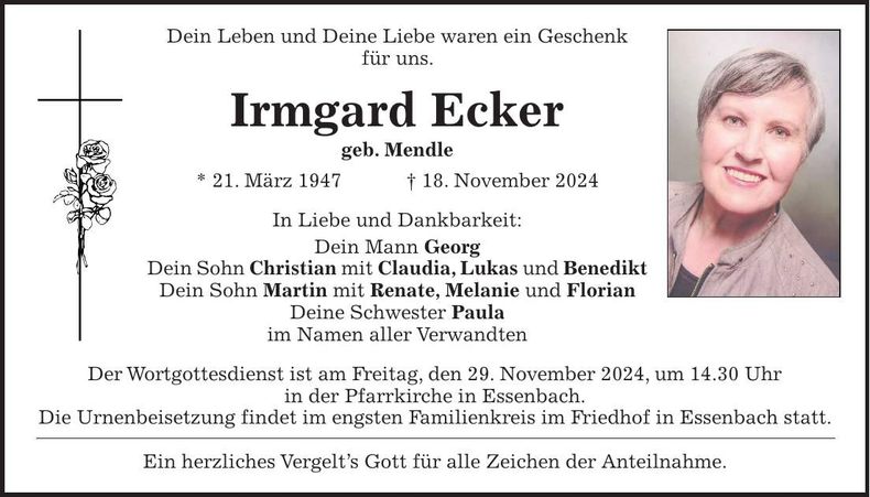Traueranzeige Irmgard Ecker