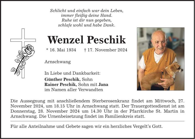 Traueranzeige Wenzel Peschik