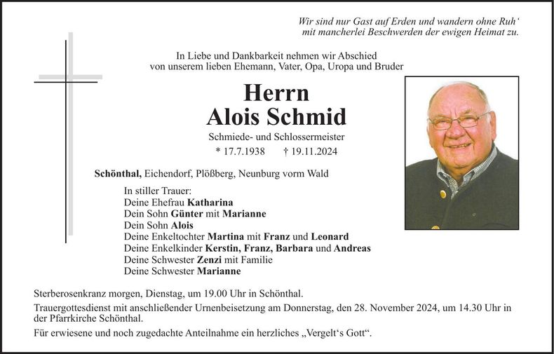 Traueranzeige Alois Schmid