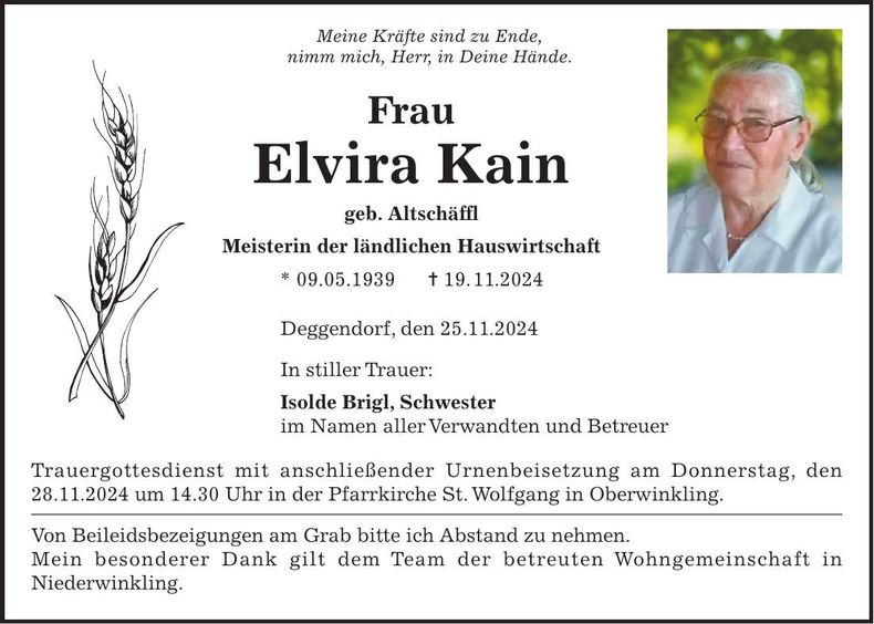 Traueranzeige Elvira Kain