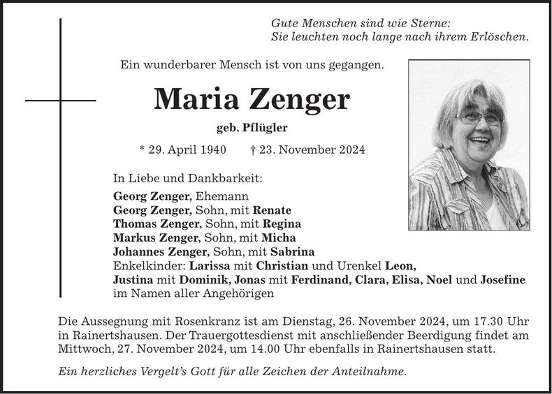 Traueranzeige Maria Zenger