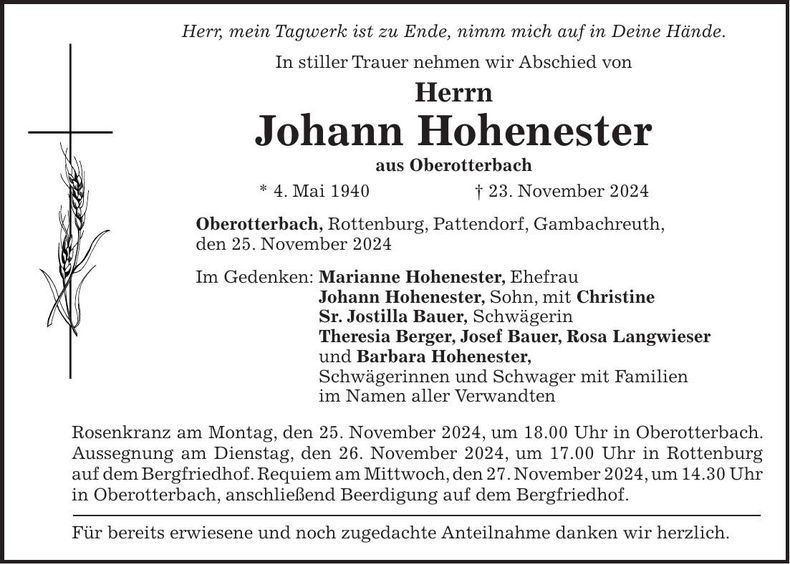 Traueranzeige Johann Hohenester