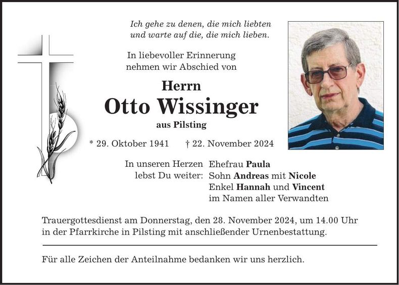 Traueranzeige Otto Wissinger