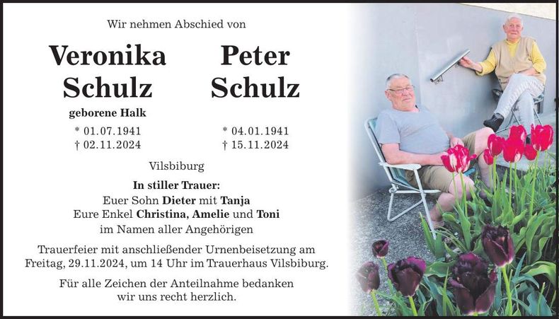 Traueranzeige Veronika und Peter Schulz