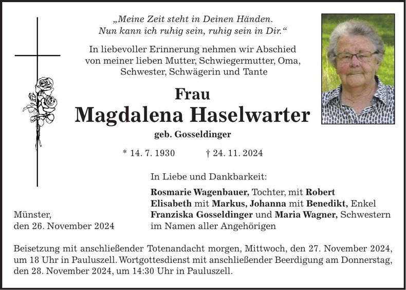 Traueranzeige Magdalena Haselwarter
