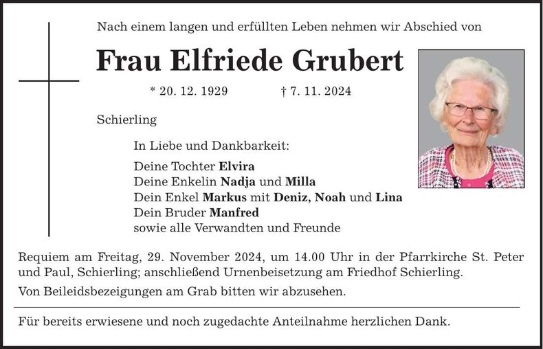Traueranzeige Elfriede Grubert